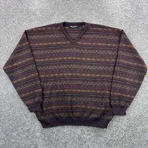 Brandini Sweater Mens Large Purple Striped Fair Isle Pure New Wool V-Neck Knit